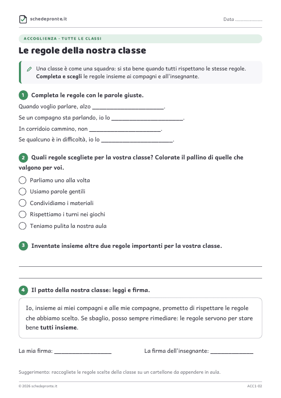 Anteprima scheda delle regole della classe