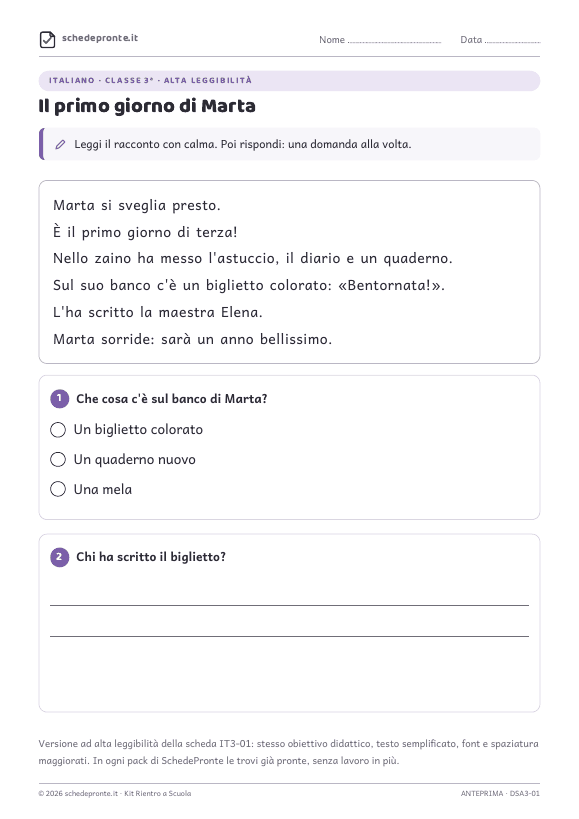 Anteprima della scheda Il primo giorno di Marta (alta leggibilità)