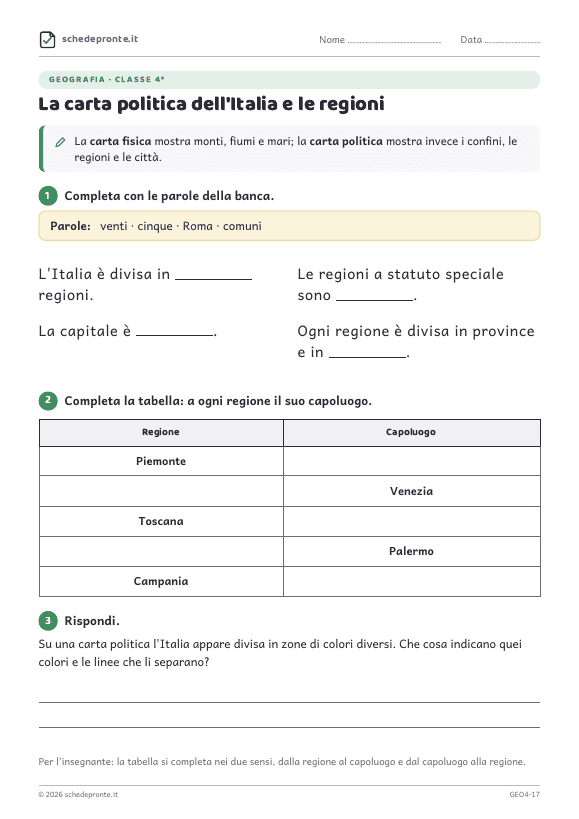 Anteprima della scheda La carta politica dell'Italia e le regioni