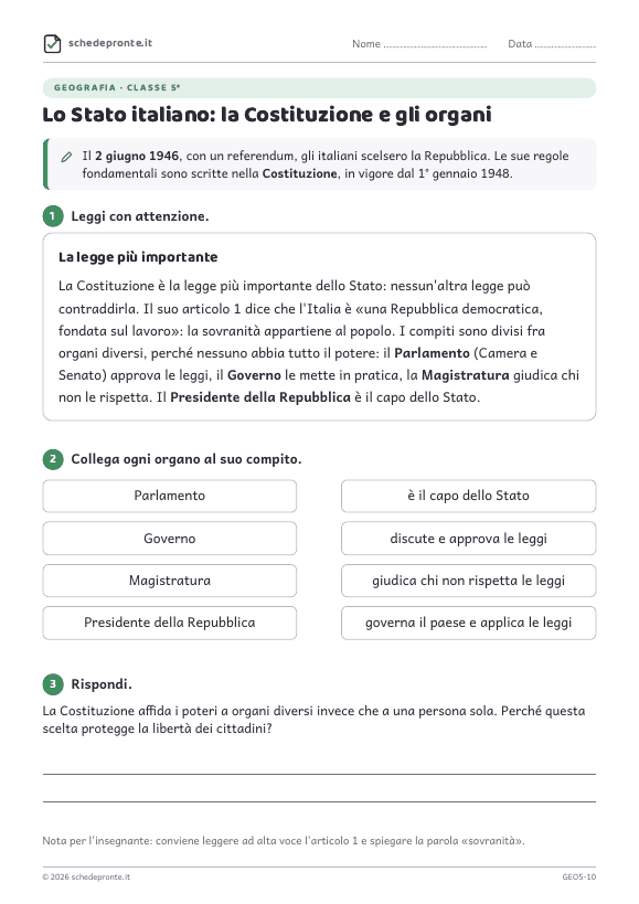 Anteprima della scheda Lo Stato italiano: la Costituzione e gli organi