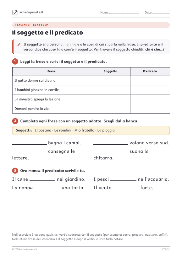 Anteprima della scheda Il soggetto e il predicato