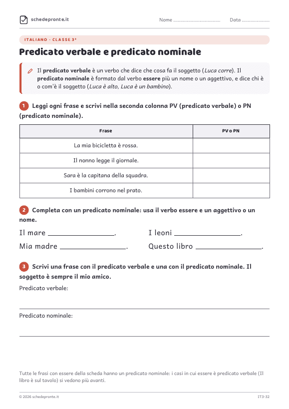 Anteprima della scheda Predicato verbale e predicato nominale