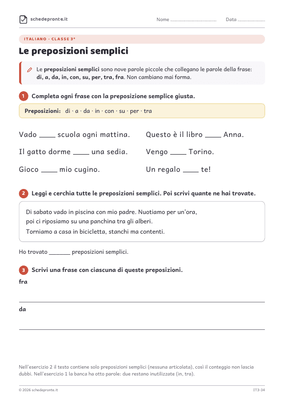 Anteprima della scheda Le preposizioni semplici