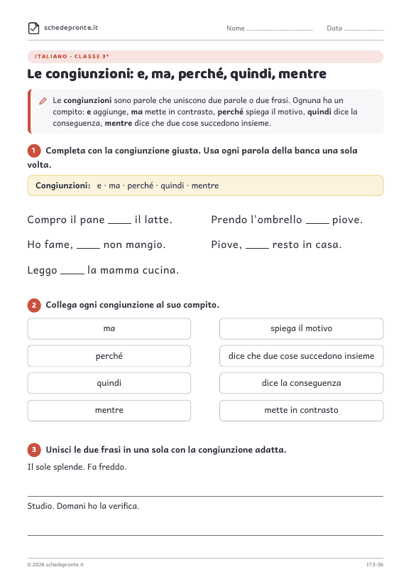 Anteprima della scheda Le congiunzioni: e, ma, perché, quindi, mentre