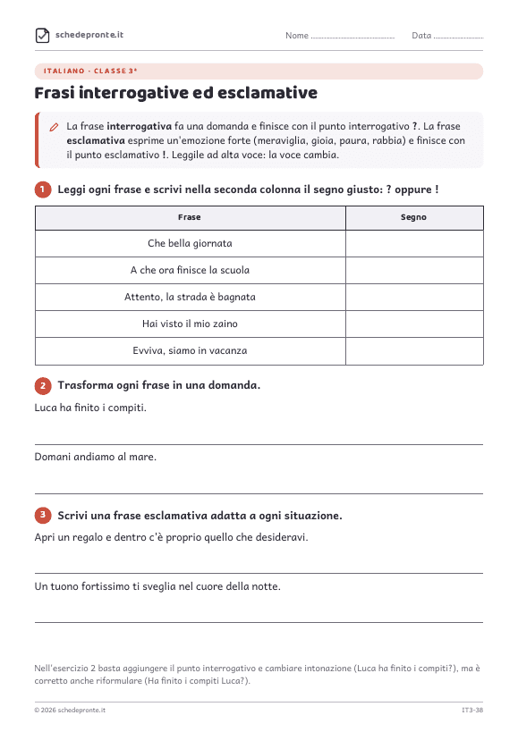 Anteprima della scheda Frasi interrogative ed esclamative
