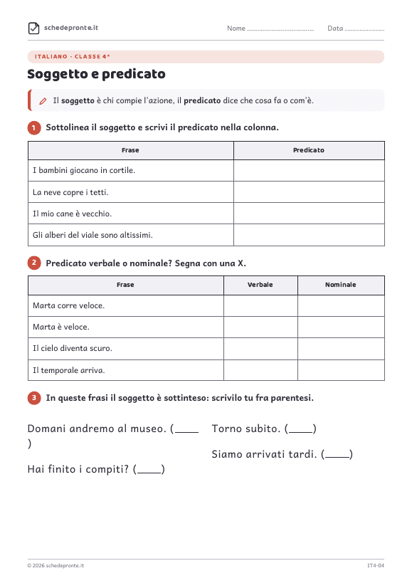 Anteprima della scheda Soggetto e predicato