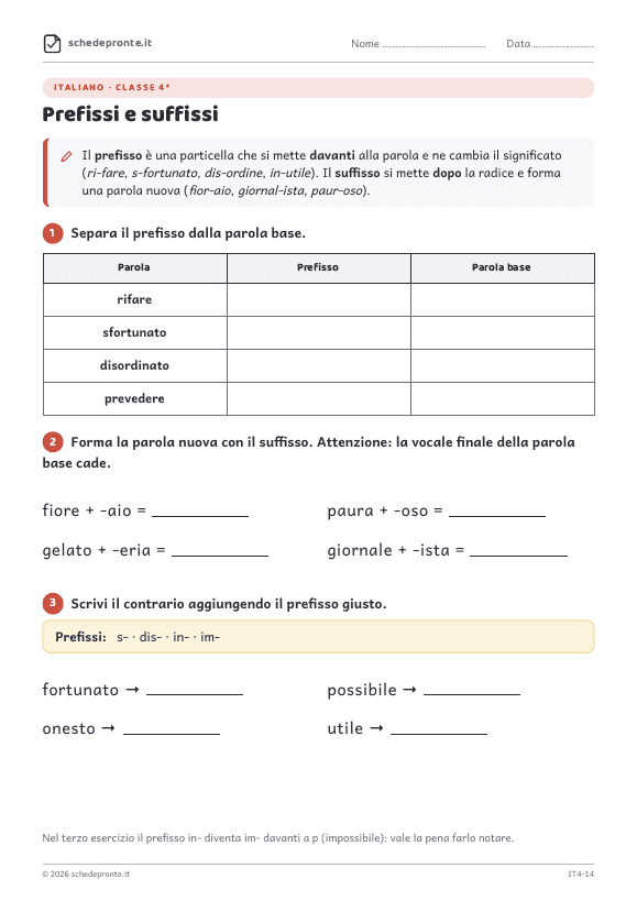 Anteprima della scheda Prefissi e suffissi