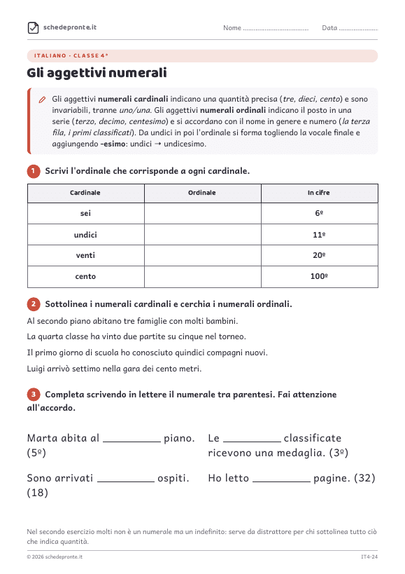Anteprima della scheda Gli aggettivi numerali