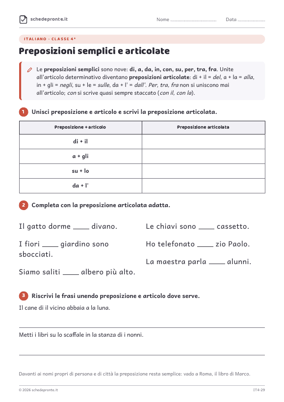 Anteprima della scheda Preposizioni semplici e articolate