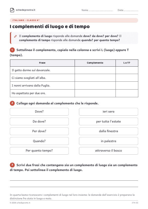 Anteprima della scheda I complementi di luogo e di tempo