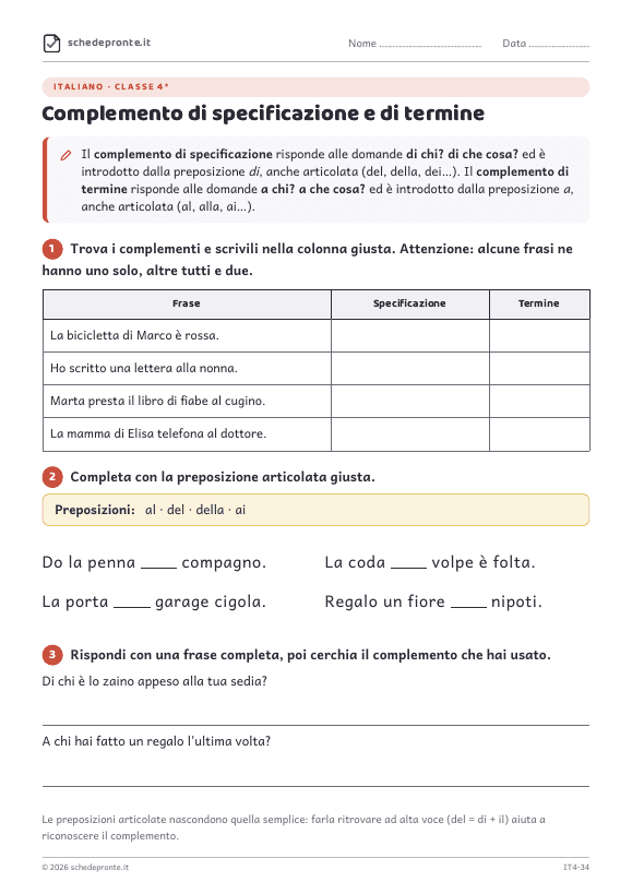 Anteprima della scheda Complemento di specificazione e di termine