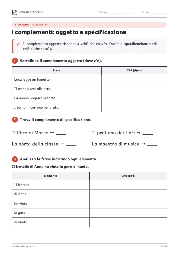 Anteprima della scheda I complementi: oggetto e specificazione