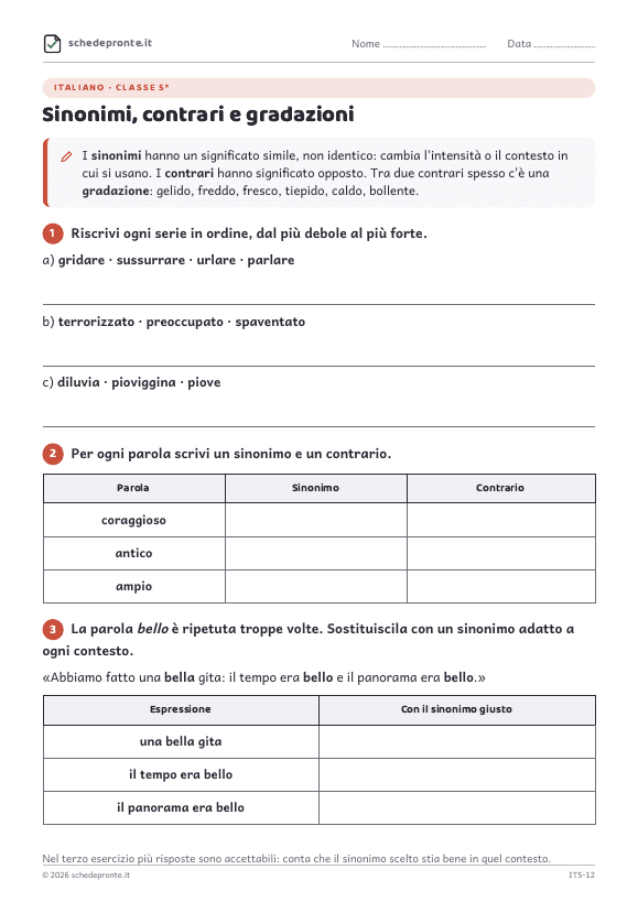 Anteprima della scheda Sinonimi, contrari e gradazioni