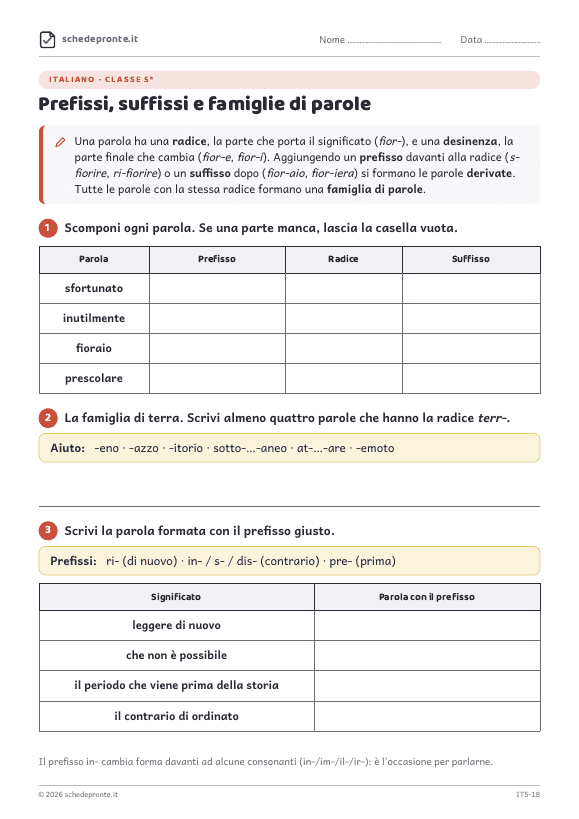 Anteprima della scheda Prefissi, suffissi e famiglie di parole