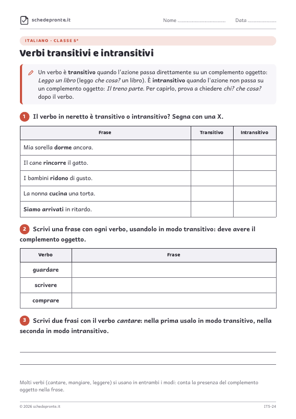 Anteprima della scheda Verbi transitivi e intransitivi