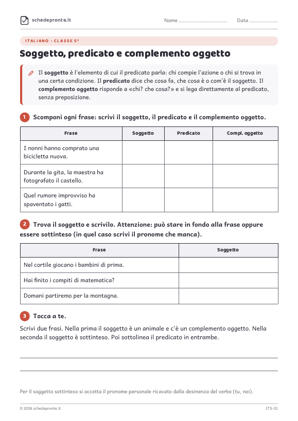 Anteprima della scheda Soggetto, predicato e complemento oggetto