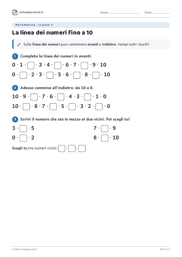 Anteprima della scheda La linea dei numeri fino a 10