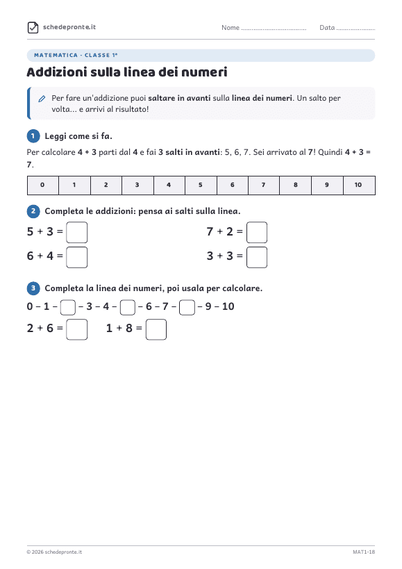 Anteprima della scheda Addizioni sulla linea dei numeri
