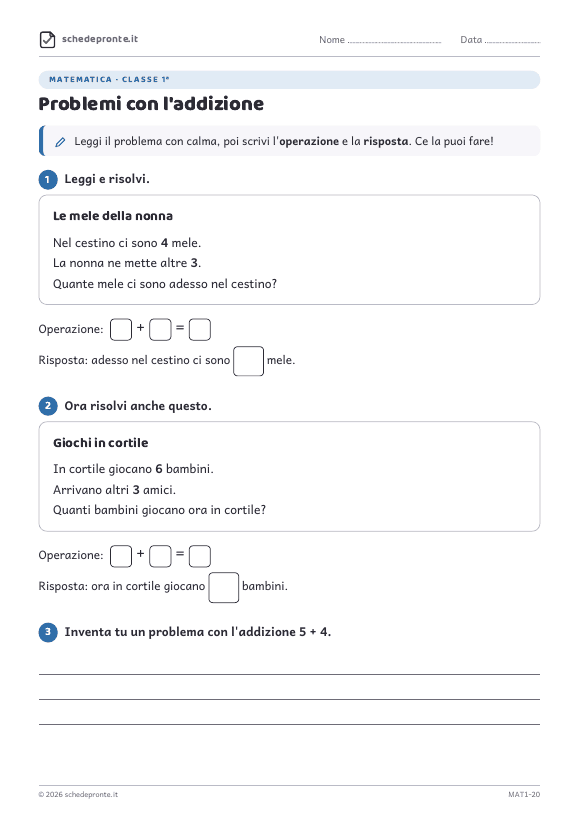 Anteprima della scheda Problemi con l'addizione
