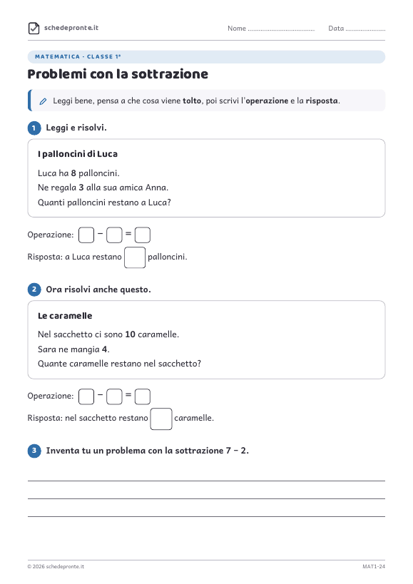 Anteprima della scheda Problemi con la sottrazione