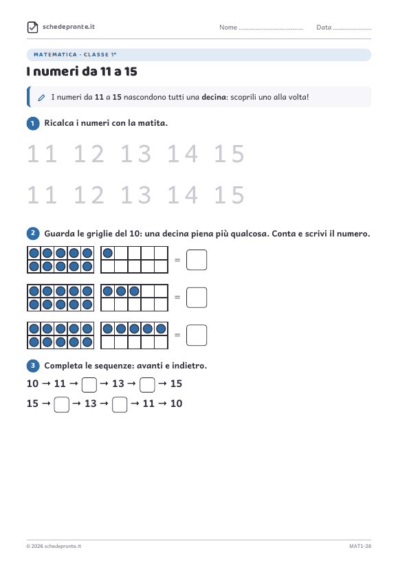 Anteprima della scheda I numeri da 11 a 15