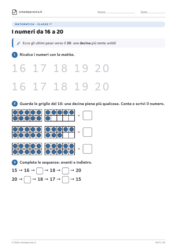 Anteprima della scheda I numeri da 16 a 20