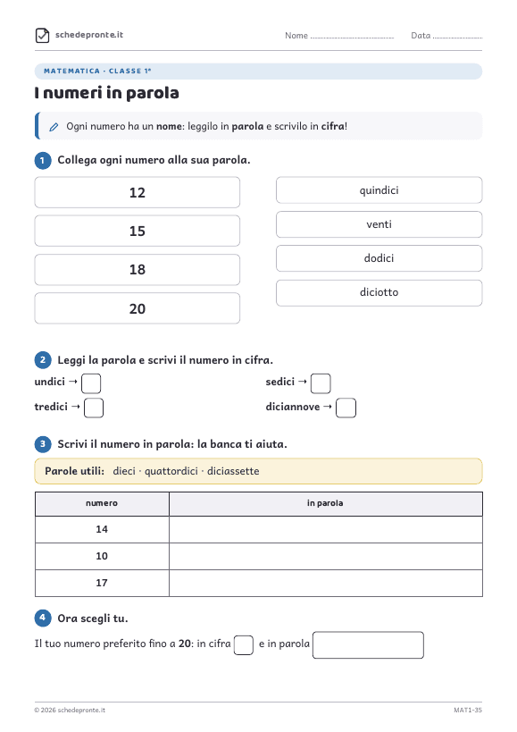 Anteprima della scheda I numeri in parola