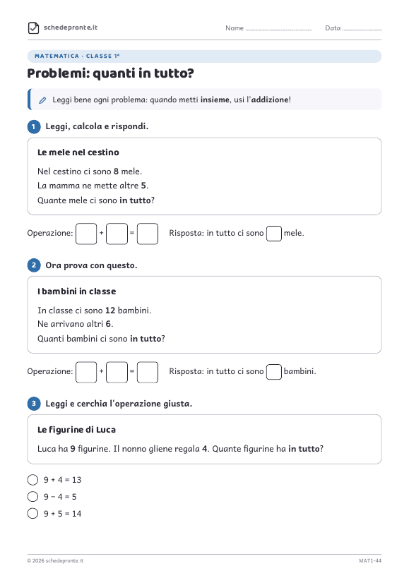 Anteprima della scheda Problemi: quanti in tutto?