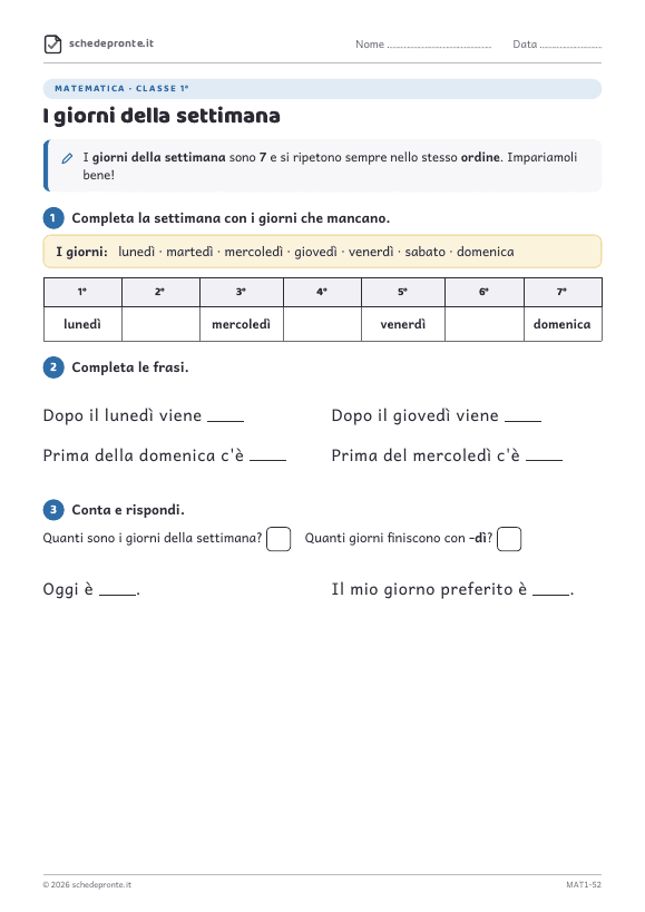 Anteprima della scheda I giorni della settimana