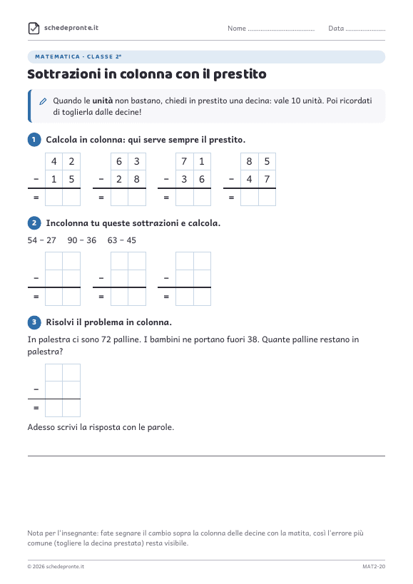 Anteprima della scheda Sottrazioni in colonna con il prestito