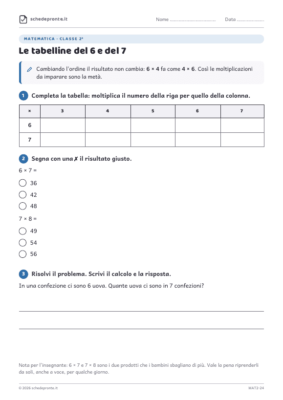 Anteprima della scheda Le tabelline del 6 e del 7