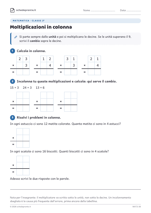 Anteprima della scheda Moltiplicazioni in colonna