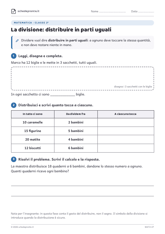 Anteprima della scheda La divisione: distribuire in parti uguali