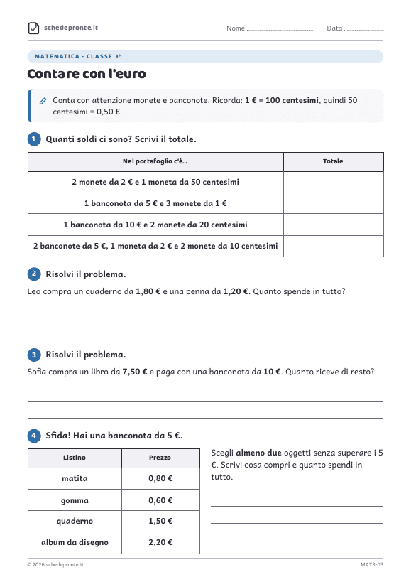 Anteprima della scheda Contare con l'euro