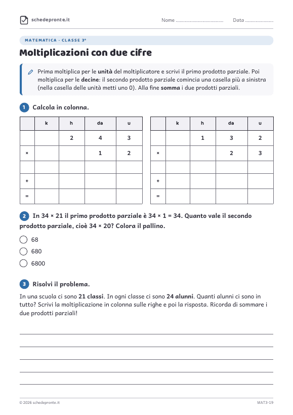 Anteprima della scheda Moltiplicazioni con due cifre