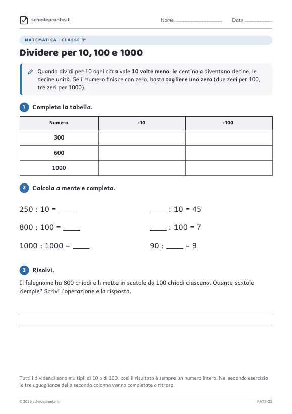 Anteprima della scheda Dividere per 10, 100 e 1000