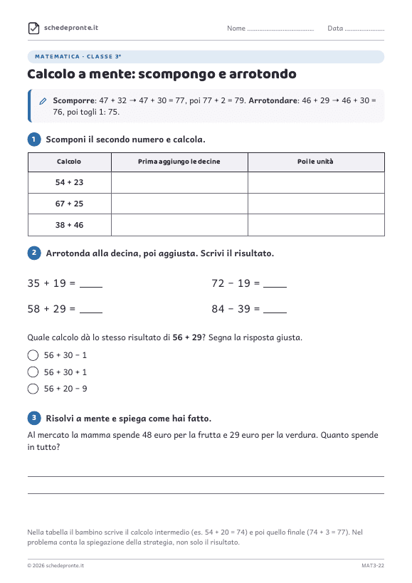 Anteprima della scheda Calcolo a mente: scompongo e arrotondo