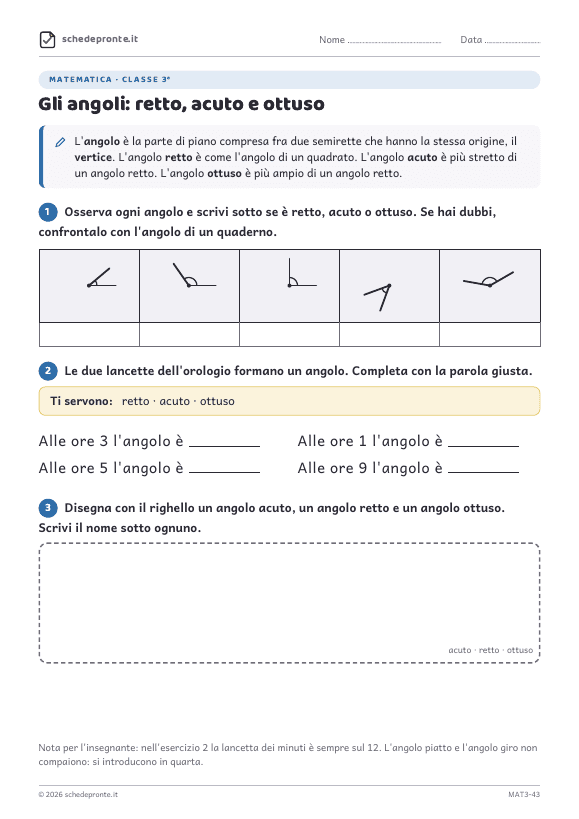Anteprima della scheda Gli angoli: retto, acuto e ottuso
