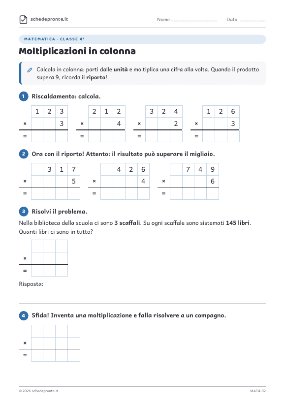 Anteprima della scheda Moltiplicazioni in colonna