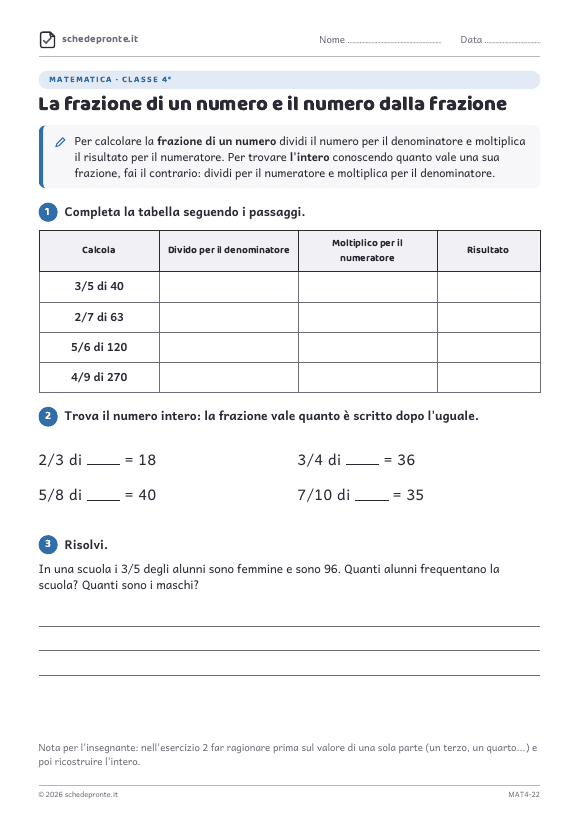 Anteprima della scheda La frazione di un numero e il numero dalla frazione