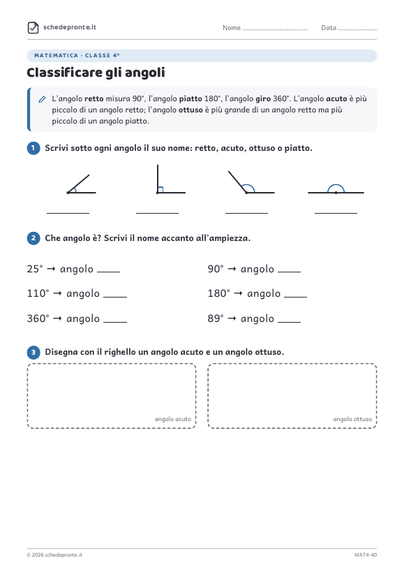 Anteprima della scheda Classificare gli angoli