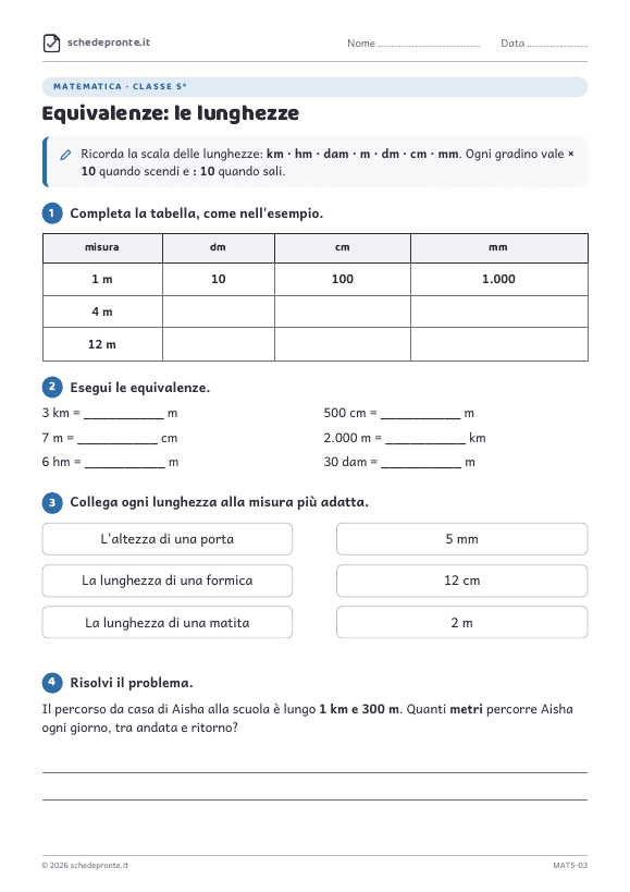 Anteprima della scheda Equivalenze: le lunghezze