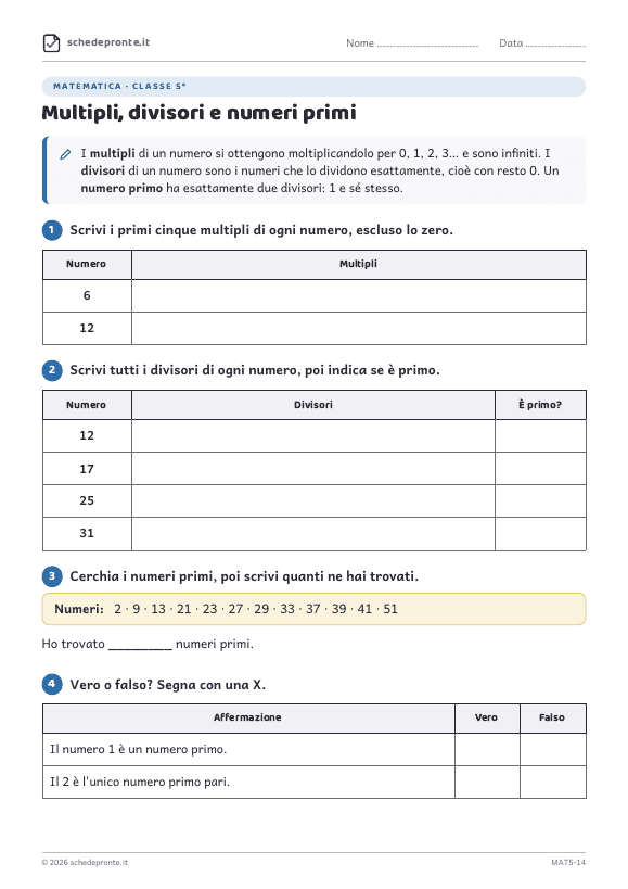 Anteprima della scheda Multipli, divisori e numeri primi