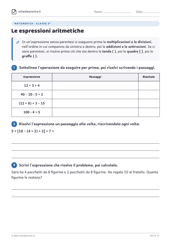 Anteprima della scheda Le espressioni aritmetiche