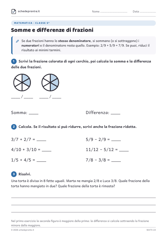 Anteprima della scheda Somme e differenze di frazioni