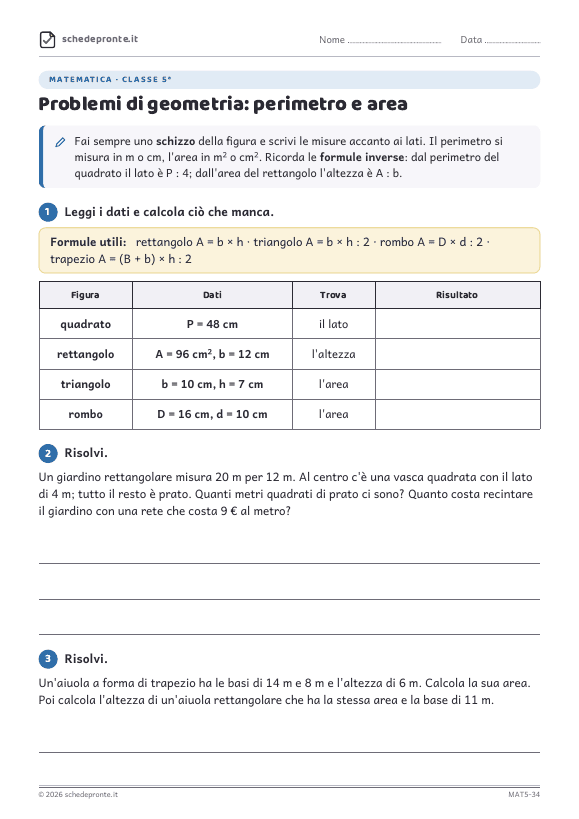 Anteprima della scheda Problemi di geometria: perimetro e area