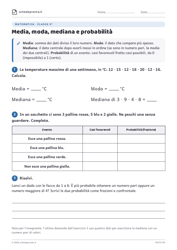 Anteprima della scheda Media, moda, mediana e probabilità
