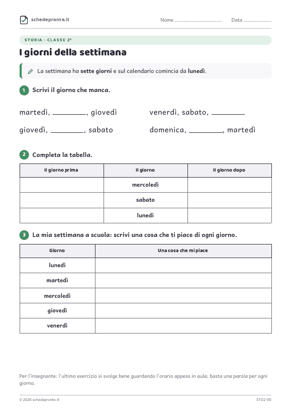 Anteprima della scheda I giorni della settimana