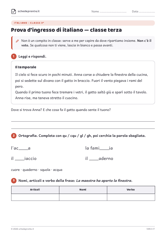 Anteprima della scheda Prova d'ingresso di italiano — classe terza