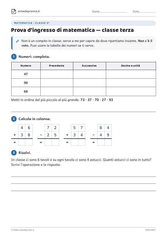 Anteprima della scheda Prova d'ingresso di matematica — classe terza